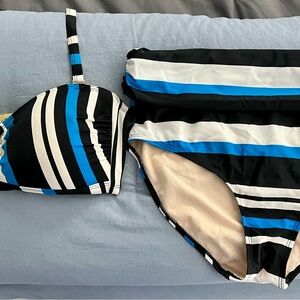 Chic Striped Bikini Set in Black, Blue, and White